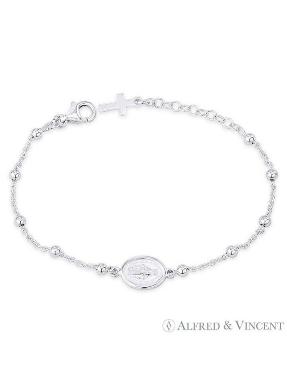 Holy Mother Mary Medal, Ball Bead, Rolo Chain Anklet in 925 Sterling Silver - 6"